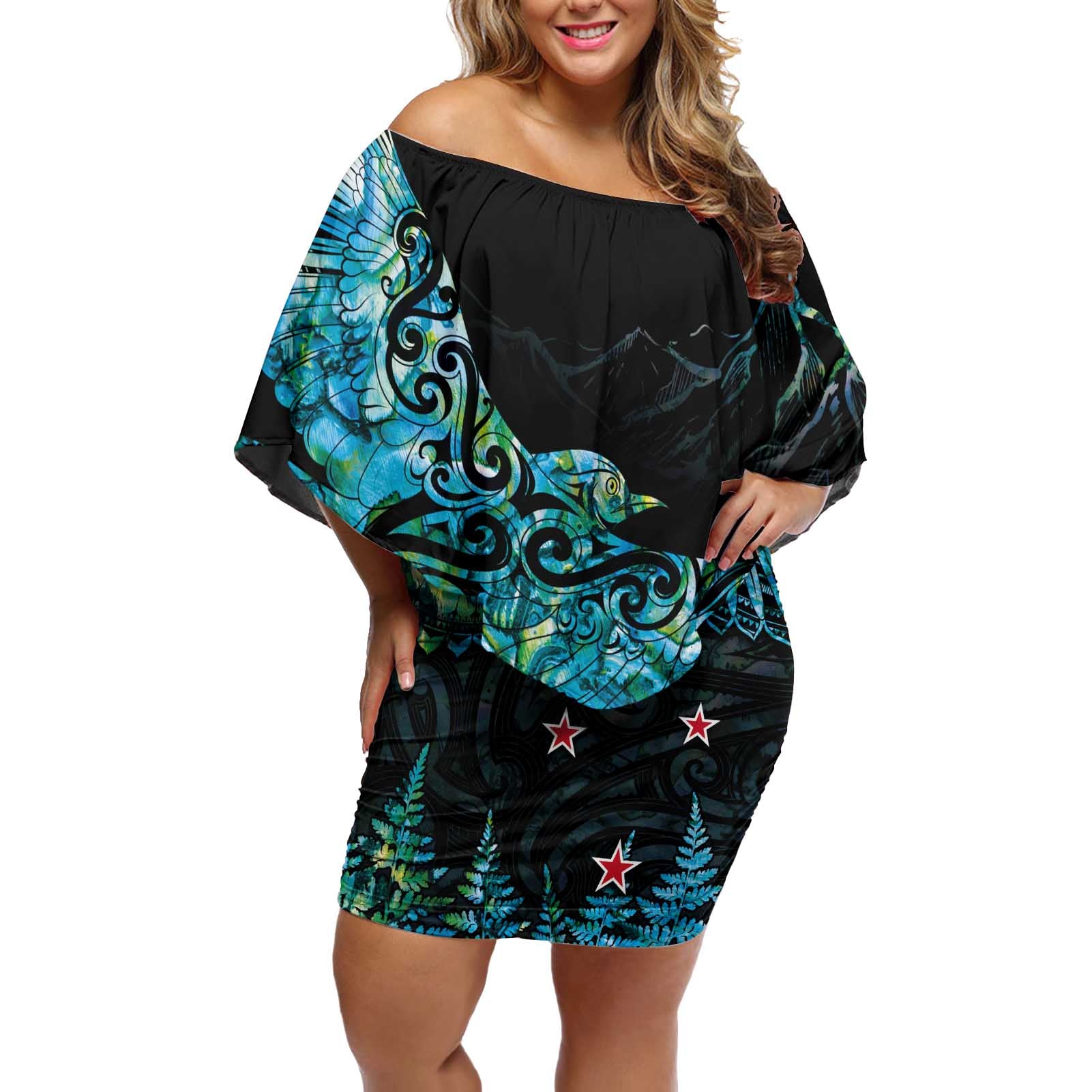 New Zealand Kea Bird Off Shoulder Short Dress Maori Tattoo and Silver Fern Paua Shell Style