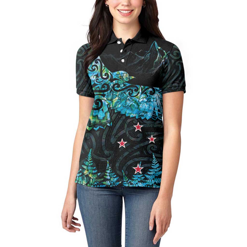 New Zealand Kea Bird Women Polo Shirt Maori Tattoo and Silver Fern Paua Shell Style