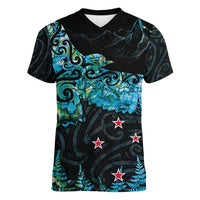 New Zealand Kea Bird Women V-Neck T-Shirt Maori Tattoo and Silver Fern Paua Shell Style LT03 Female Black - Polynesian Pride