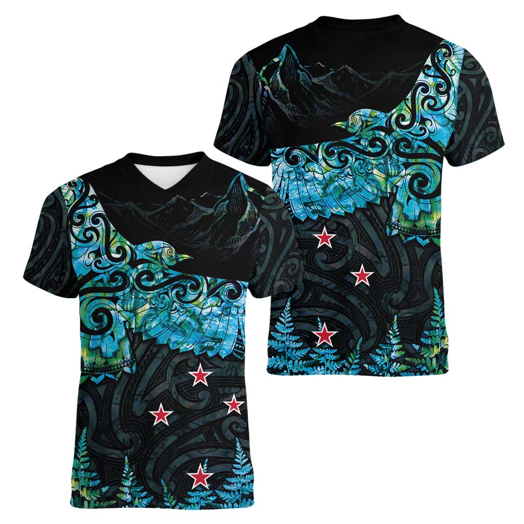 New Zealand Kea Bird Women V-Neck T-Shirt Maori Tattoo and Silver Fern Paua Shell Style LT03 - Polynesian Pride