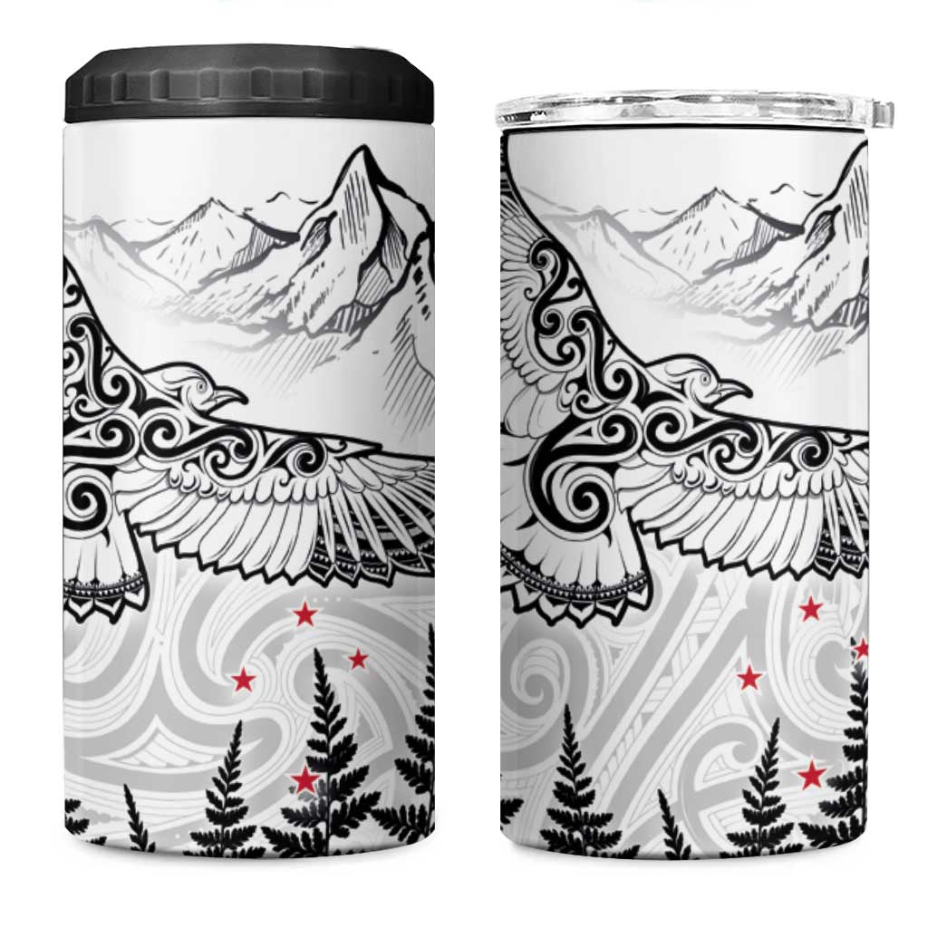 New Zealand Kea Bird 4 in 1 Can Cooler Tumbler Maori Tattoo and Silver Fern White Color