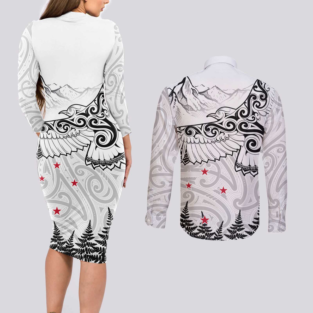 New Zealand Kea Bird Couples Matching Long Sleeve Bodycon Dress and Long Sleeve Button Shirt Maori Tattoo and Silver Fern White Color LT03 - Polynesian Pride