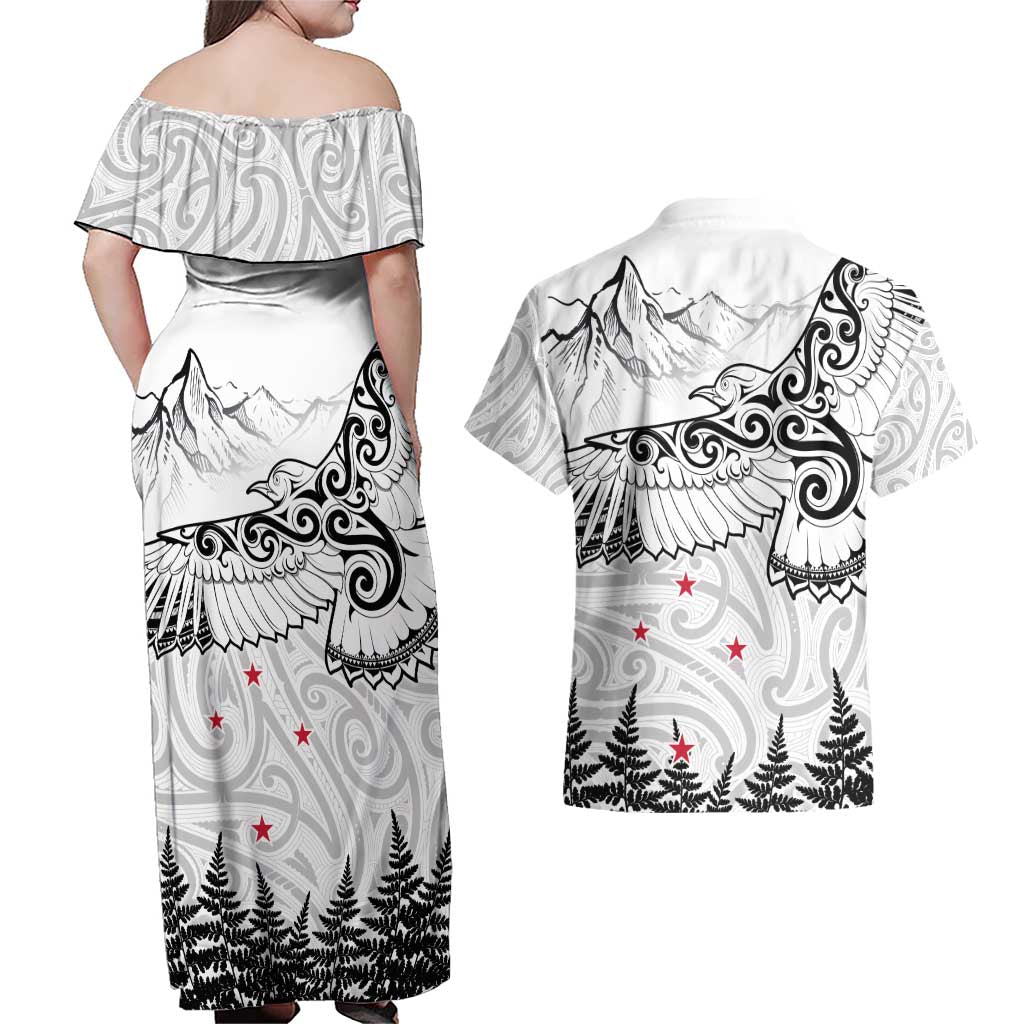 New Zealand Kea Bird Couples Matching Off Shoulder Maxi Dress and Hawaiian Shirt Maori Tattoo and Silver Fern White Color