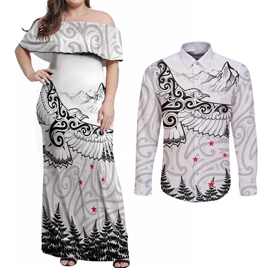 New Zealand Kea Bird Couples Matching Off Shoulder Maxi Dress and Long Sleeve Button Shirt Maori Tattoo and Silver Fern White Color LT03 White - Polynesian Pride