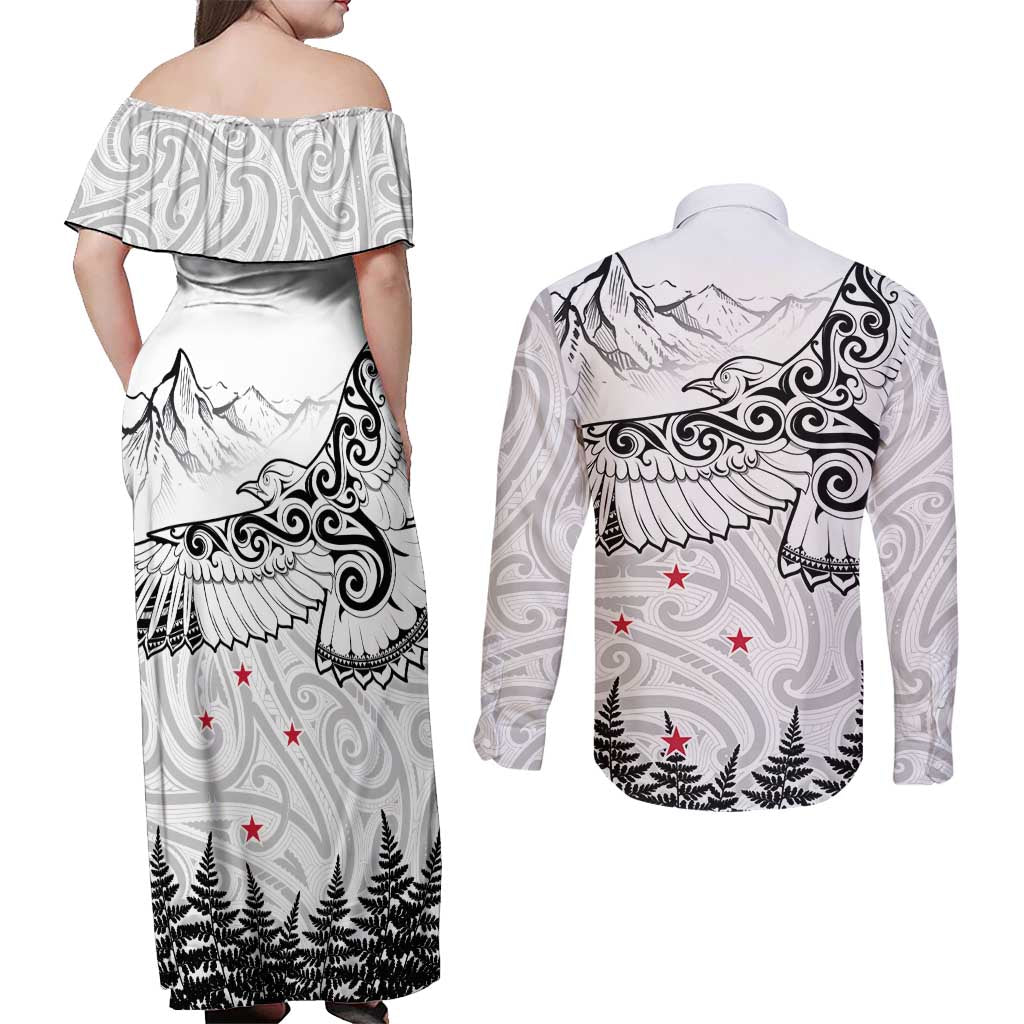 New Zealand Kea Bird Couples Matching Off Shoulder Maxi Dress and Long Sleeve Button Shirt Maori Tattoo and Silver Fern White Color LT03 - Polynesian Pride
