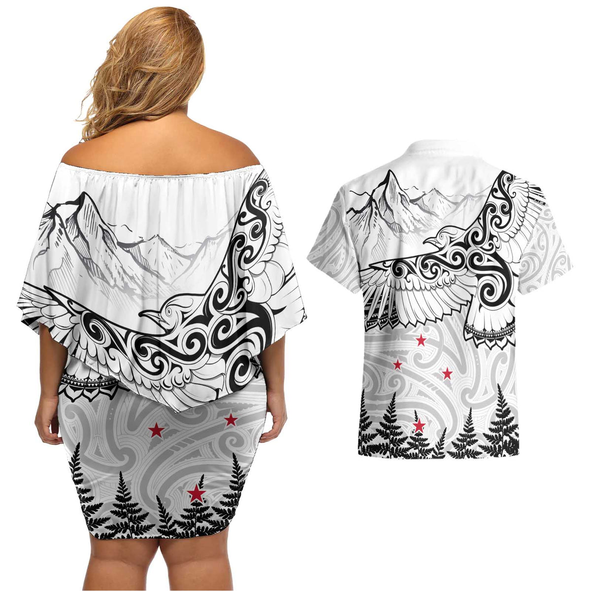 New Zealand Kea Bird Couples Matching Off Shoulder Short Dress and Hawaiian Shirt Maori Tattoo and Silver Fern White Color LT03 - Polynesian Pride