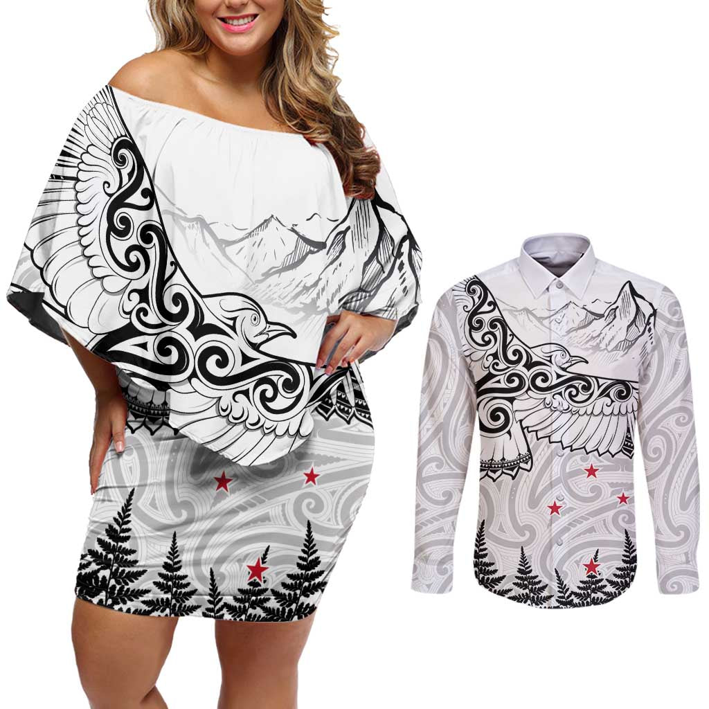 New Zealand Kea Bird Couples Matching Off Shoulder Short Dress and Long Sleeve Button Shirt Maori Tattoo and Silver Fern White Color LT03 White - Polynesian Pride