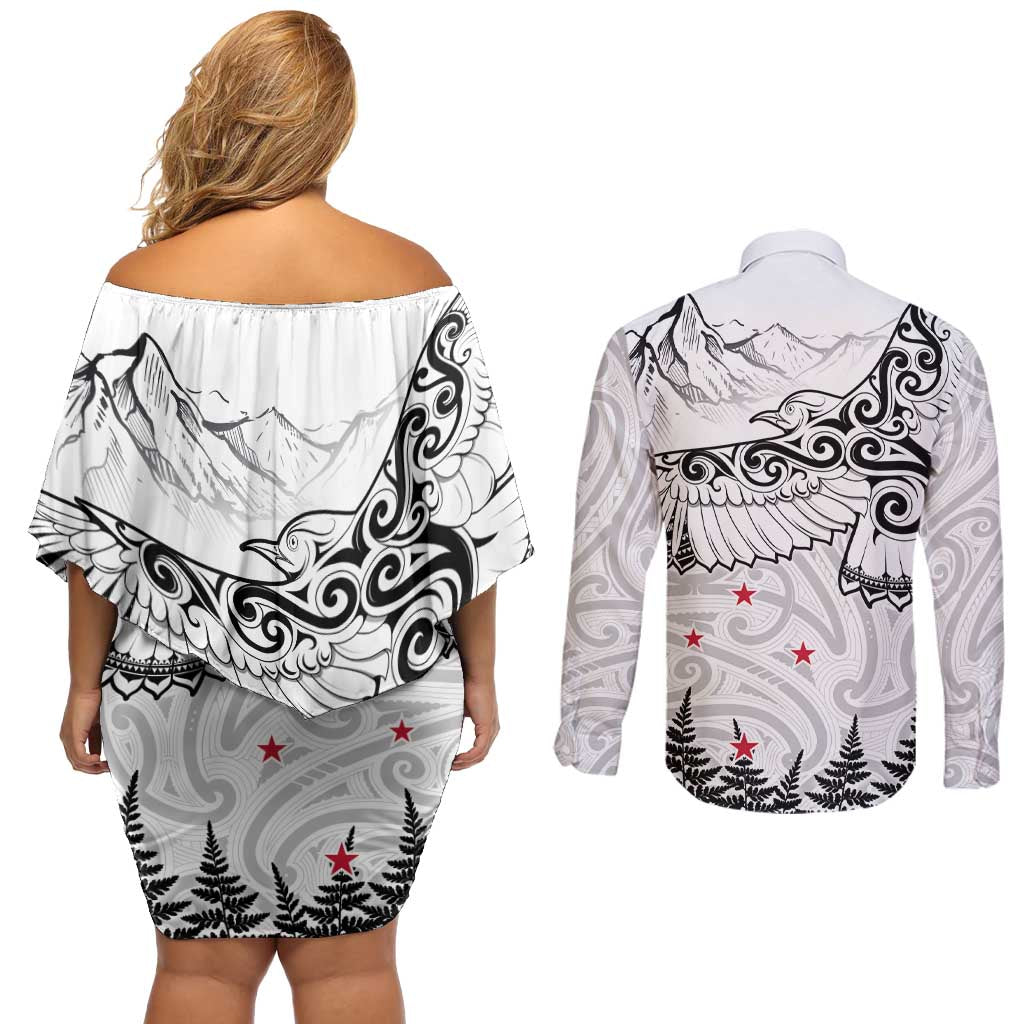 New Zealand Kea Bird Couples Matching Off Shoulder Short Dress and Long Sleeve Button Shirt Maori Tattoo and Silver Fern White Color LT03 - Polynesian Pride