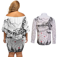 New Zealand Kea Bird Couples Matching Off Shoulder Short Dress and Long Sleeve Button Shirt Maori Tattoo and Silver Fern White Color LT03 - Polynesian Pride