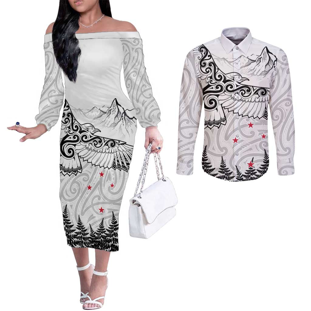 New Zealand Kea Bird Couples Matching Off The Shoulder Long Sleeve Dress and Long Sleeve Button Shirt Maori Tattoo and Silver Fern White Color LT03 White - Polynesian Pride