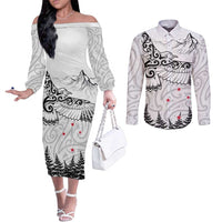 New Zealand Kea Bird Couples Matching Off The Shoulder Long Sleeve Dress and Long Sleeve Button Shirt Maori Tattoo and Silver Fern White Color LT03 White - Polynesian Pride