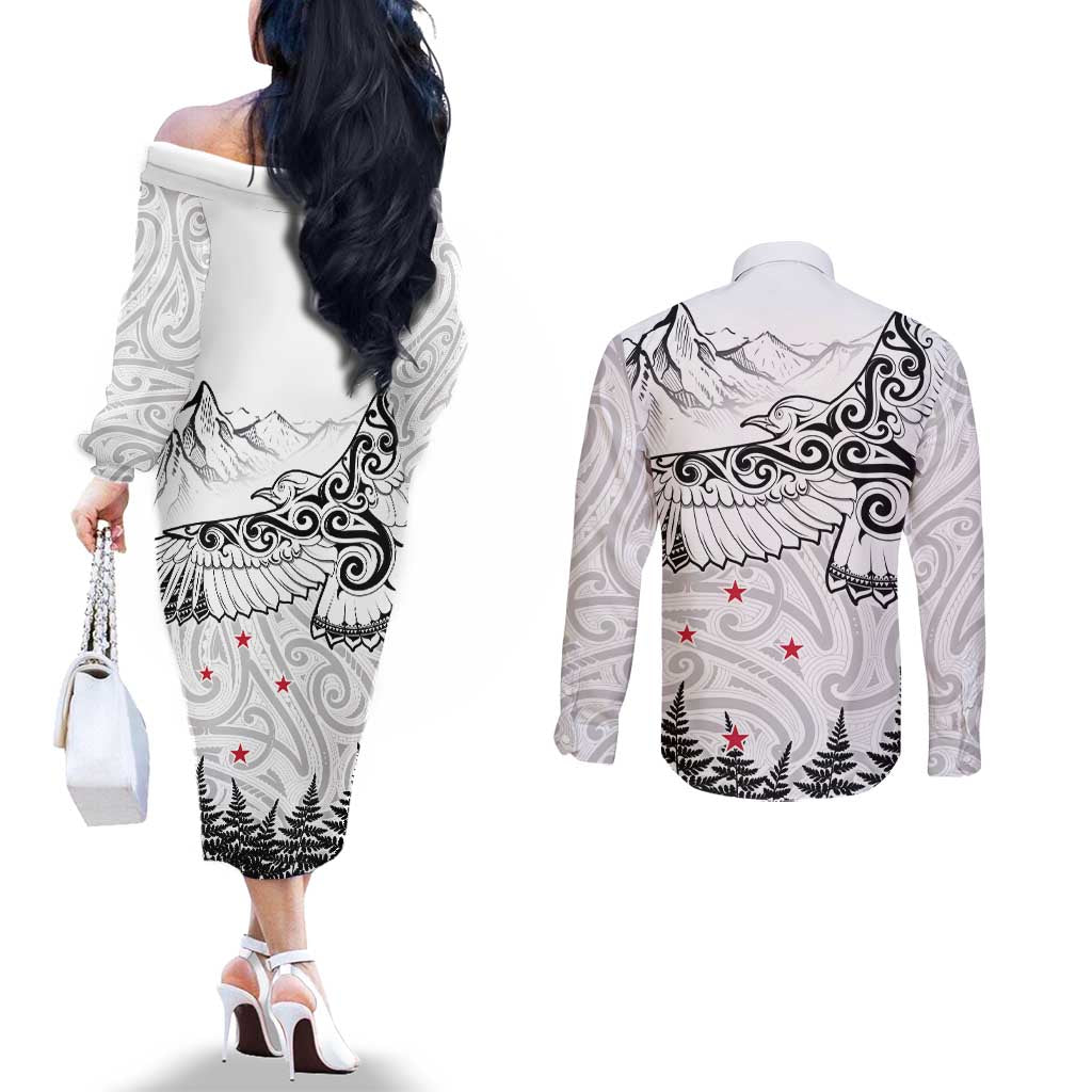 New Zealand Kea Bird Couples Matching Off The Shoulder Long Sleeve Dress and Long Sleeve Button Shirt Maori Tattoo and Silver Fern White Color LT03 - Polynesian Pride