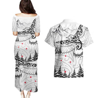 New Zealand Kea Bird Couples Matching Puletasi and Hawaiian Shirt Maori Tattoo and Silver Fern White Color LT03 - Polynesian Pride