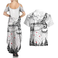 New Zealand Kea Bird Couples Matching Summer Maxi Dress and Hawaiian Shirt Maori Tattoo and Silver Fern White Color LT03 - Polynesian Pride