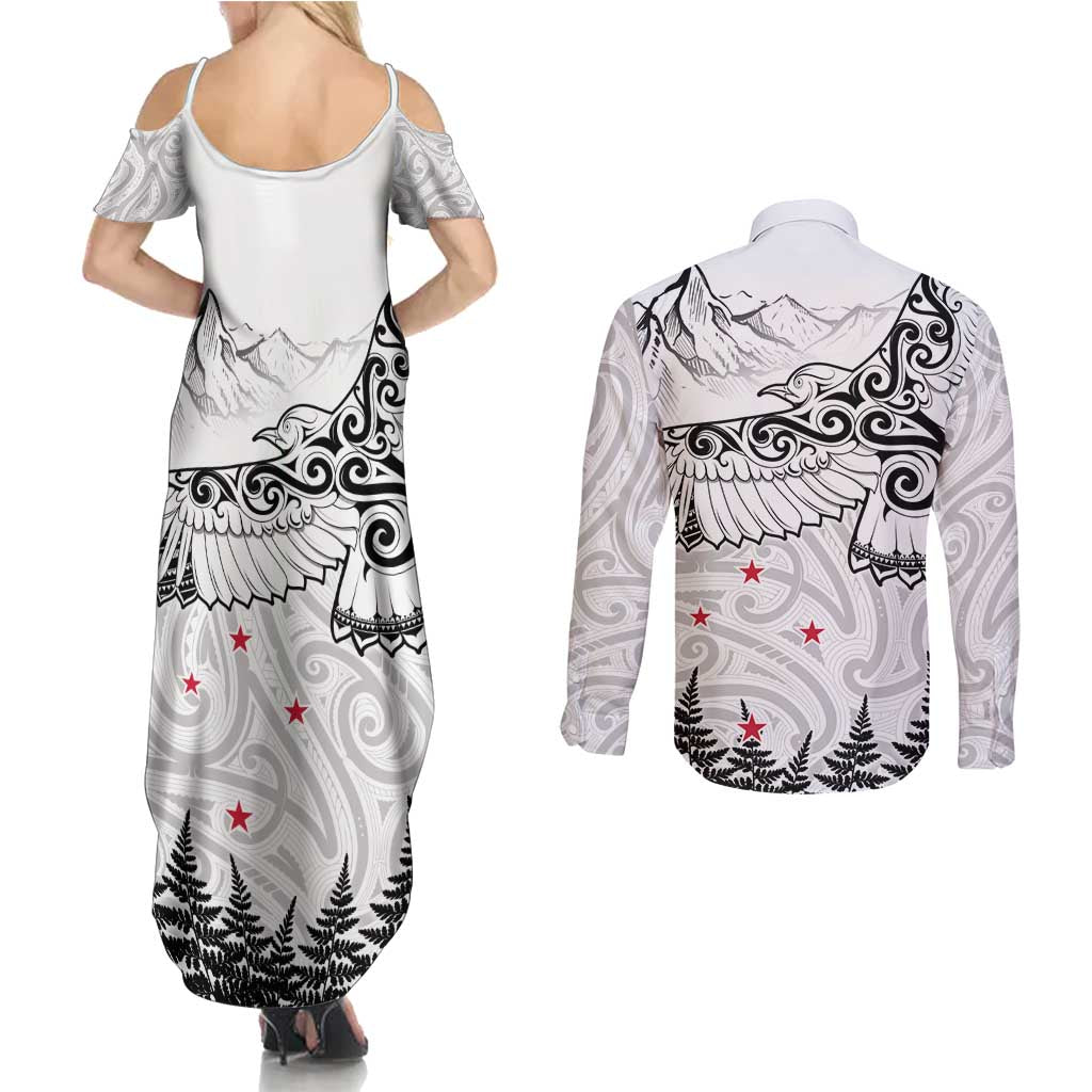 New Zealand Kea Bird Couples Matching Summer Maxi Dress and Long Sleeve Button Shirt Maori Tattoo and Silver Fern White Color LT03 - Polynesian Pride