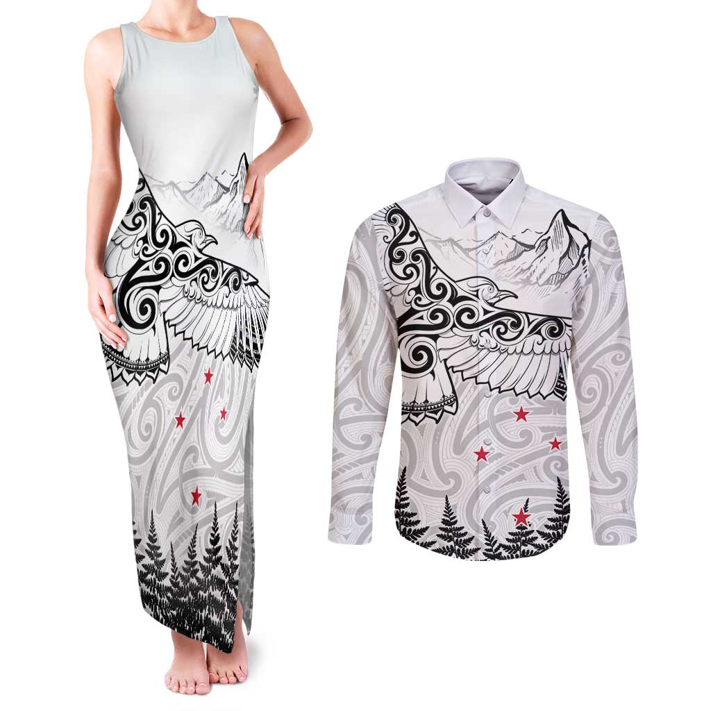 New Zealand Kea Bird Couples Matching Tank Maxi Dress and Long Sleeve Button Shirt Maori Tattoo and Silver Fern White Color LT03 White - Polynesian Pride