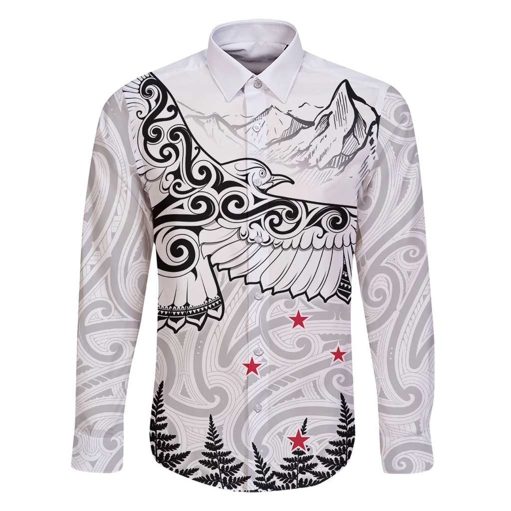 New Zealand Kea Bird Family Matching Off Shoulder Maxi Dress and Hawaiian Shirt Maori Tattoo and Silver Fern White Color LT03 Dad's Shirt - Long Sleeve White - Polynesian Pride