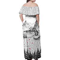 New Zealand Kea Bird Family Matching Off Shoulder Maxi Dress and Hawaiian Shirt Maori Tattoo and Silver Fern White Color LT03 - Polynesian Pride