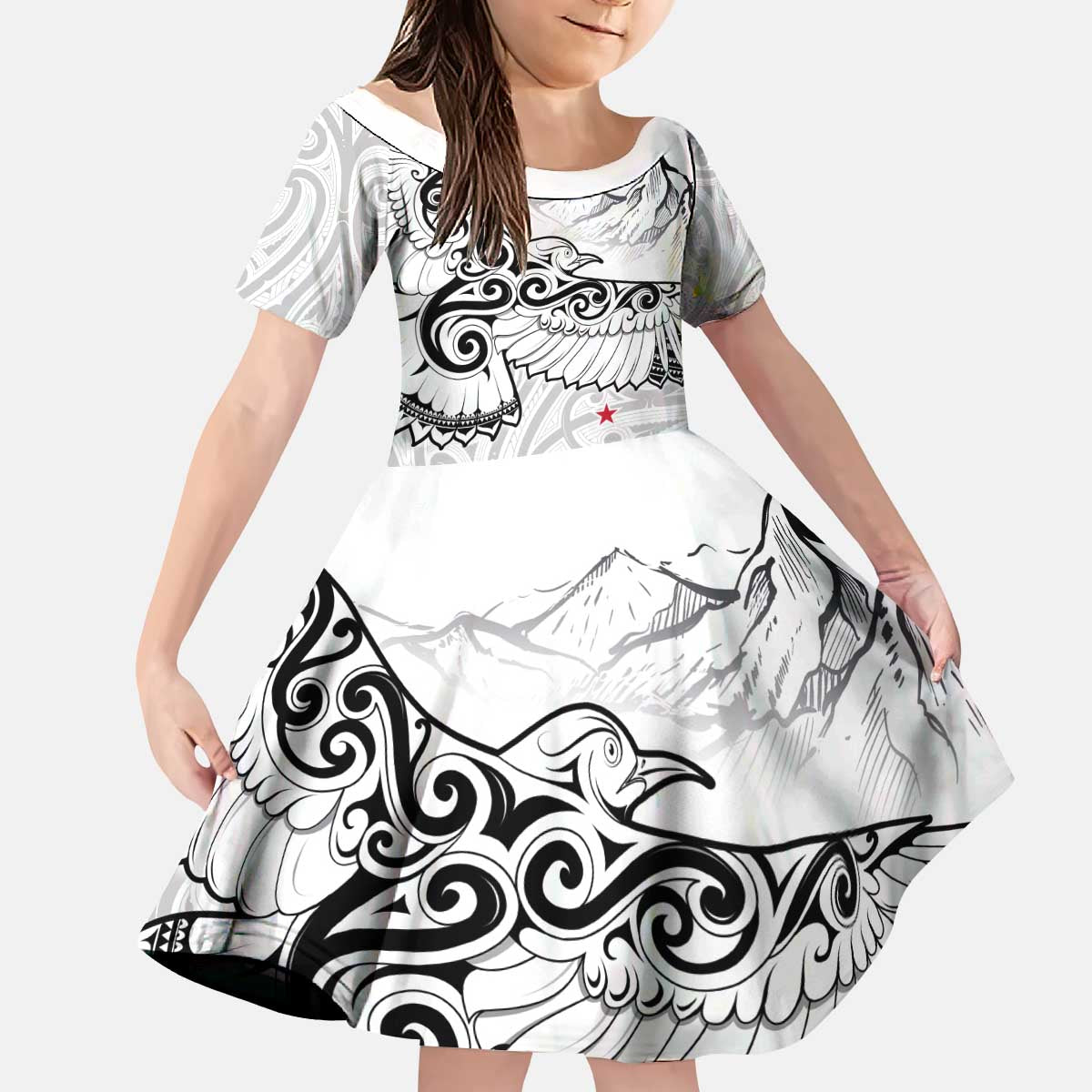 New Zealand Kea Bird Family Matching Puletasi and Hawaiian Shirt Maori Tattoo and Silver Fern White Color LT03 Daughter's Dress White - Polynesian Pride