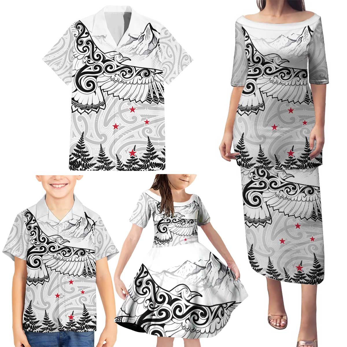 New Zealand Kea Bird Family Matching Puletasi and Hawaiian Shirt Maori Tattoo and Silver Fern White Color LT03 - Polynesian Pride