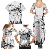 New Zealand Kea Bird Family Matching Summer Maxi Dress and Hawaiian Shirt Maori Tattoo and Silver Fern White Color LT03 - Polynesian Pride
