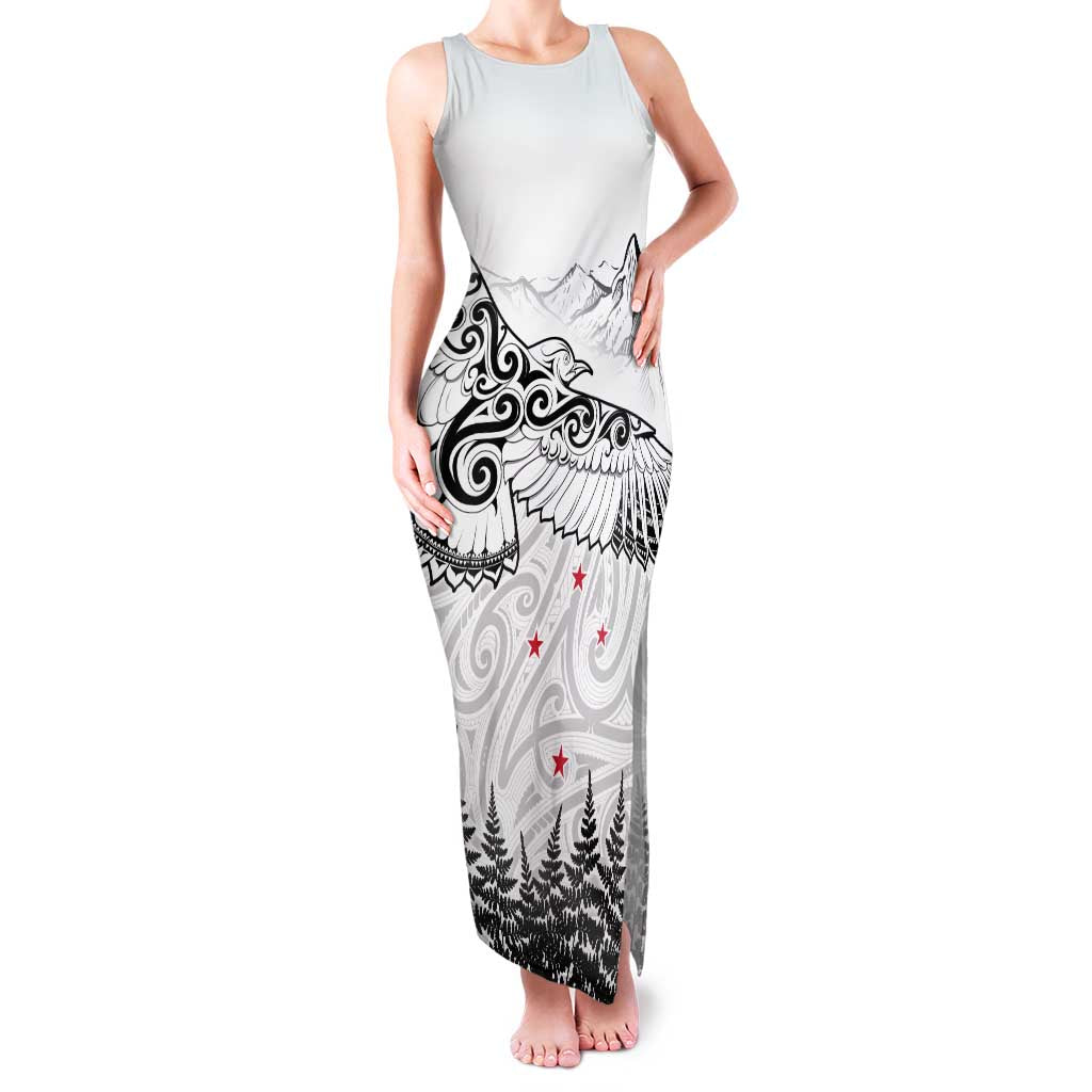 New Zealand Kea Bird Family Matching Tank Maxi Dress and Hawaiian Shirt Maori Tattoo and Silver Fern White Color LT03 Mom's Dress White - Polynesian Pride