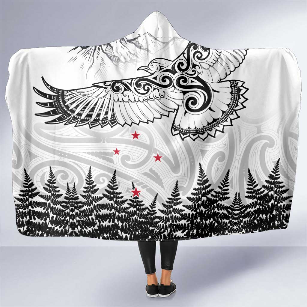 New Zealand Kea Bird Hooded Blanket Maori Tattoo and Silver Fern White Color