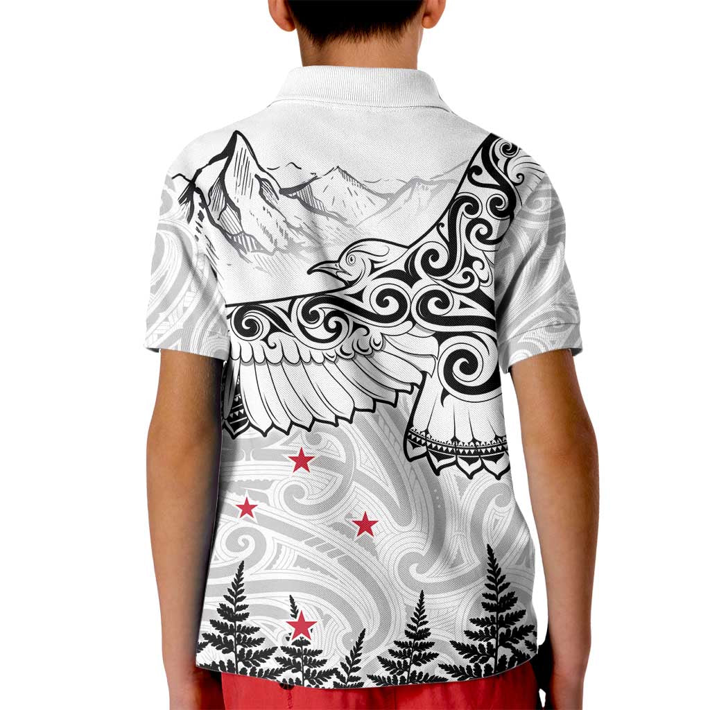 New Zealand Kea Bird Kid Polo Shirt Maori Tattoo and Silver Fern White Color