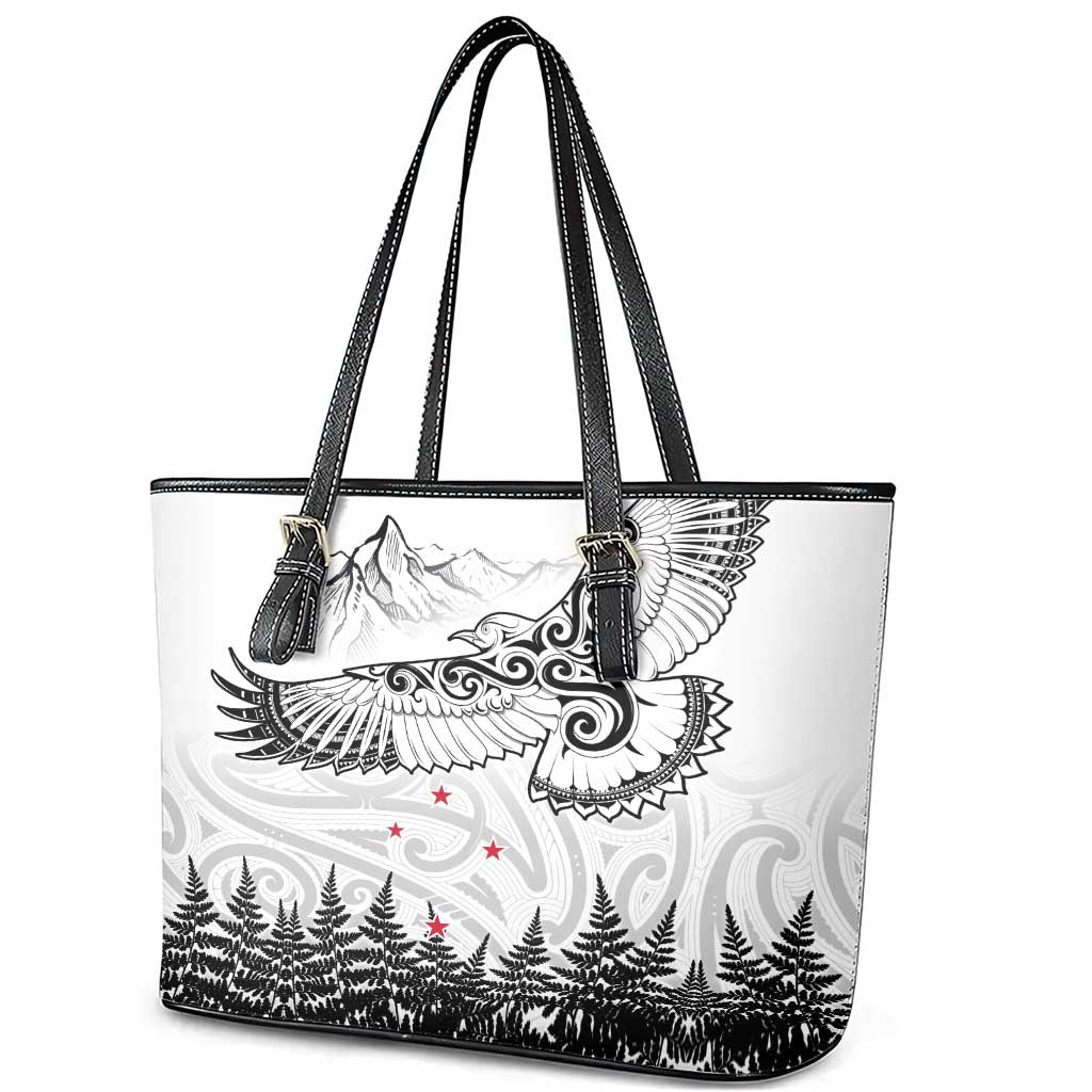 New Zealand Kea Bird Leather Tote Bag Maori Tattoo and Silver Fern White Color LT03 - Polynesian Pride