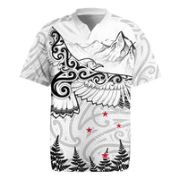 New Zealand Kea Bird Rugby Jersey Maori Tattoo and Silver Fern White Color