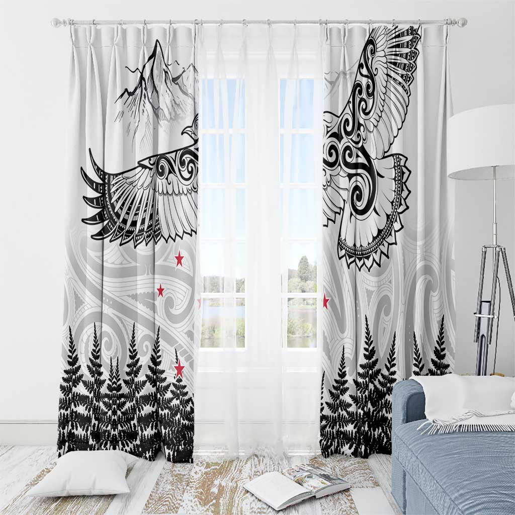 New Zealand Kea Bird Window Curtain Maori Tattoo and Silver Fern White Color