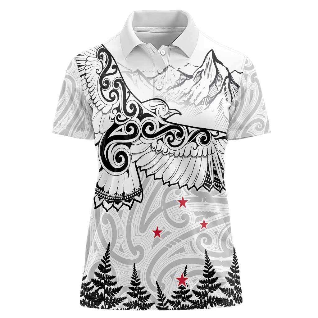 New Zealand Kea Bird Women Polo Shirt Maori Tattoo and Silver Fern White Color