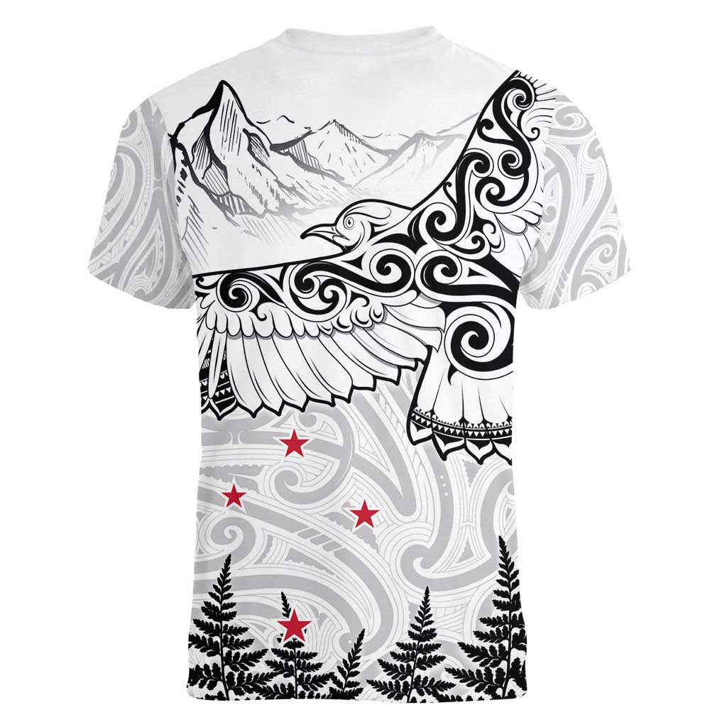 New Zealand Kea Bird Women V-Neck T-Shirt Maori Tattoo and Silver Fern White Color LT03 - Polynesian Pride