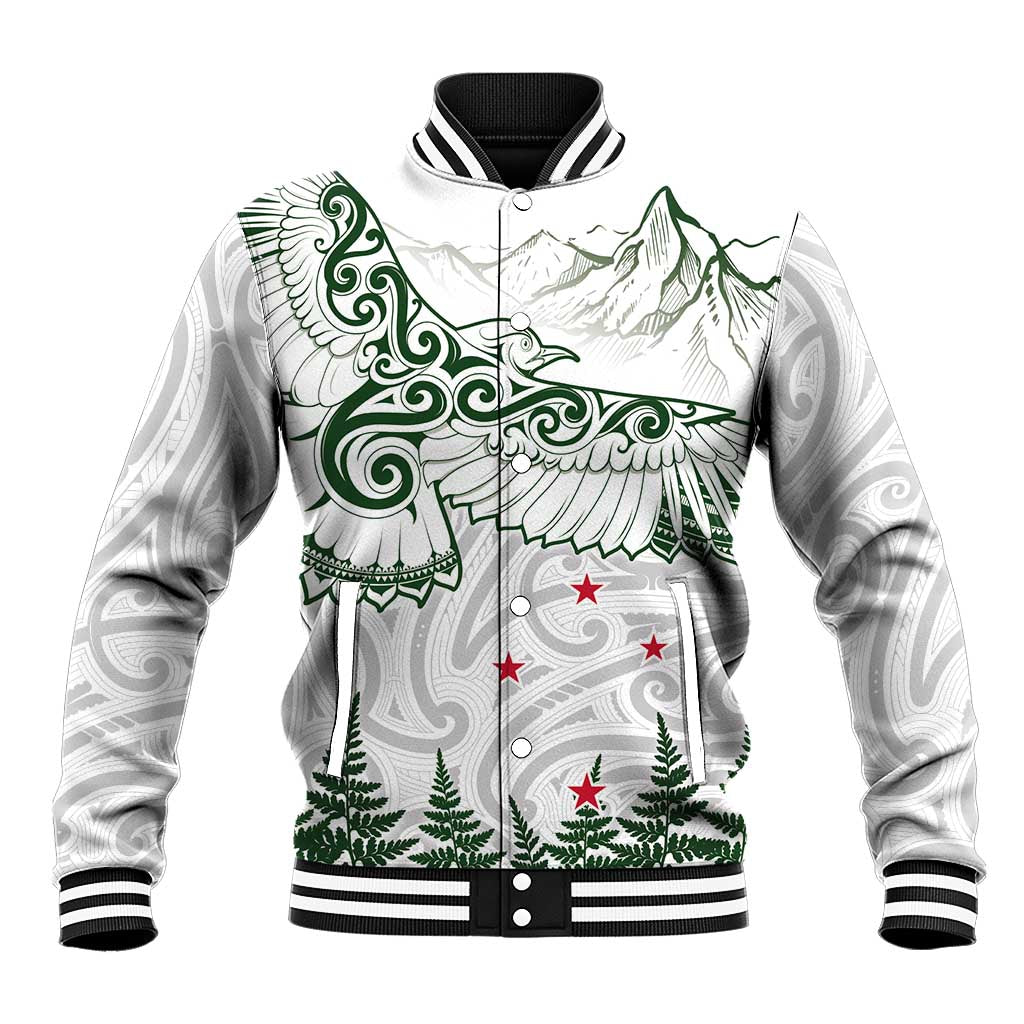 New Zealand Kea Bird Baseball Jacket Maori Tattoo and Silver Fern Green Color LT03 Unisex White - Polynesian Pride