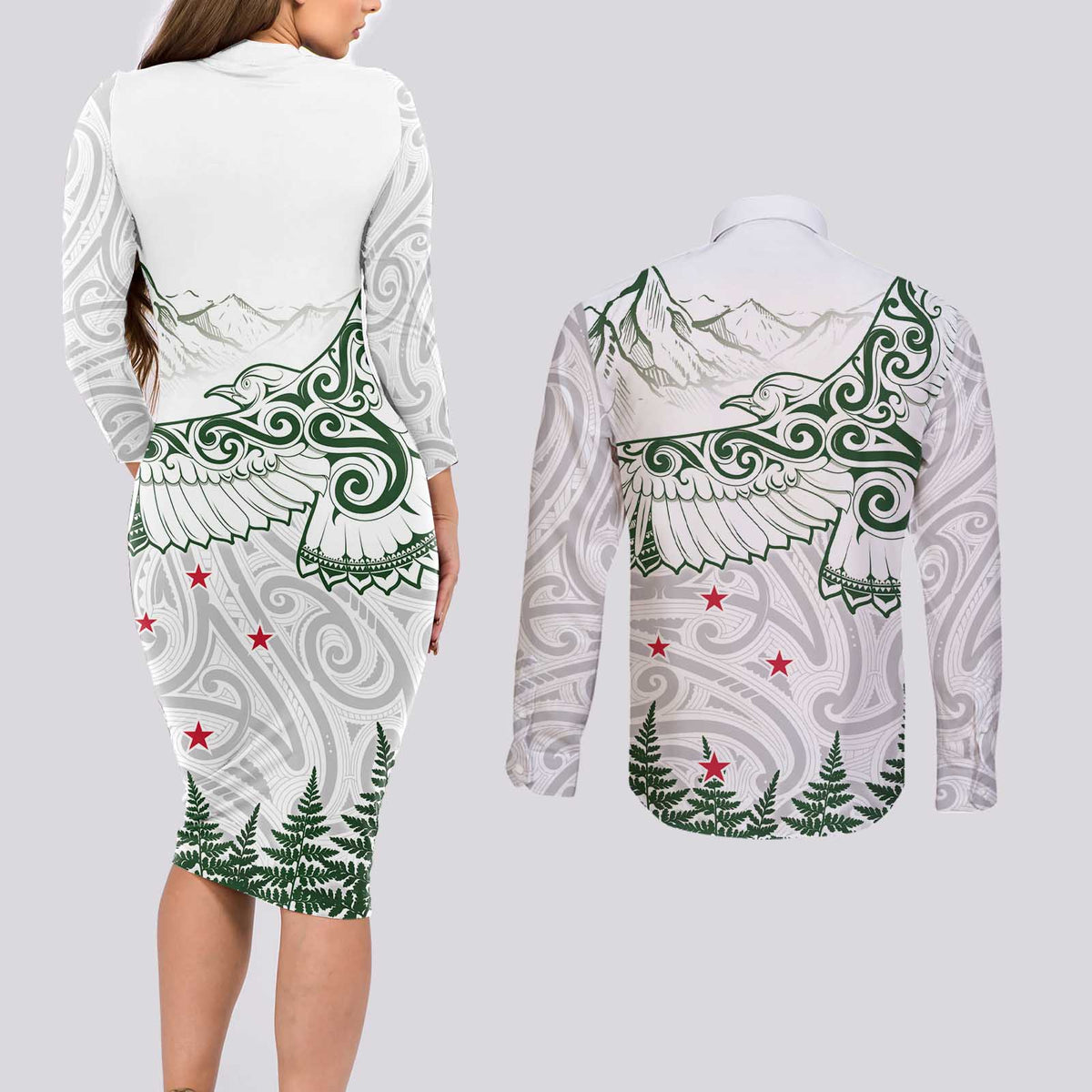 New Zealand Kea Bird Couples Matching Long Sleeve Bodycon Dress and Long Sleeve Button Shirt Maori Tattoo and Silver Fern Green Color LT03 - Polynesian Pride