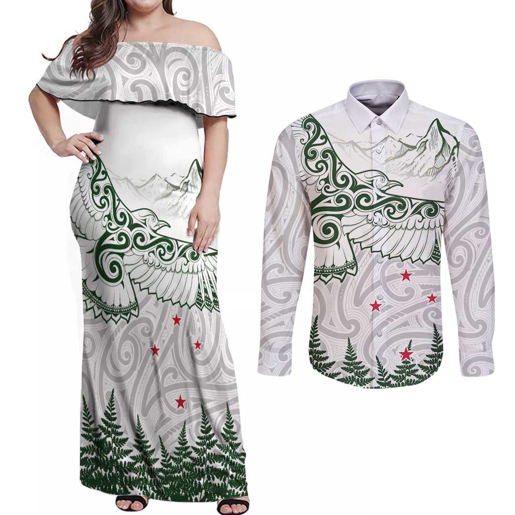 New Zealand Kea Bird Couples Matching Off Shoulder Maxi Dress and Long Sleeve Button Shirt Maori Tattoo and Silver Fern Green Color LT03 White - Polynesian Pride