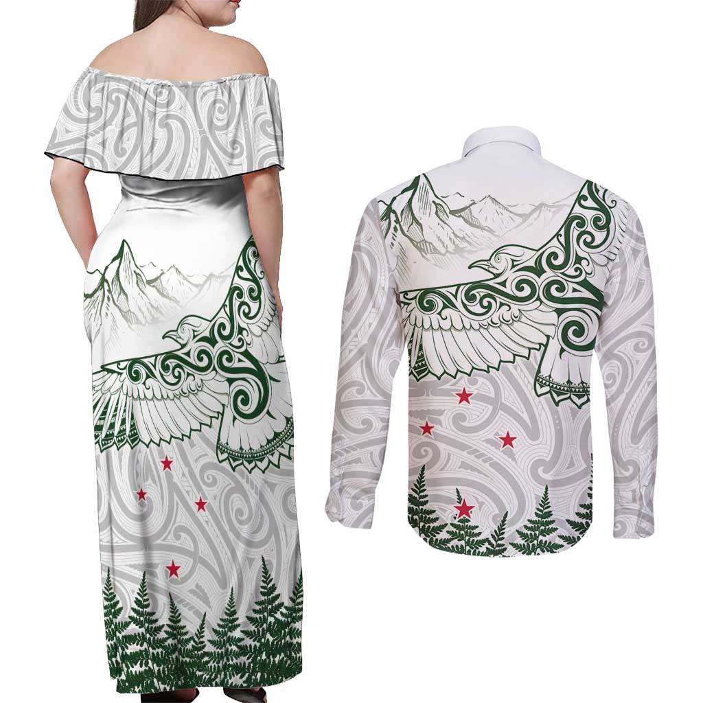 New Zealand Kea Bird Couples Matching Off Shoulder Maxi Dress and Long Sleeve Button Shirt Maori Tattoo and Silver Fern Green Color LT03 - Polynesian Pride