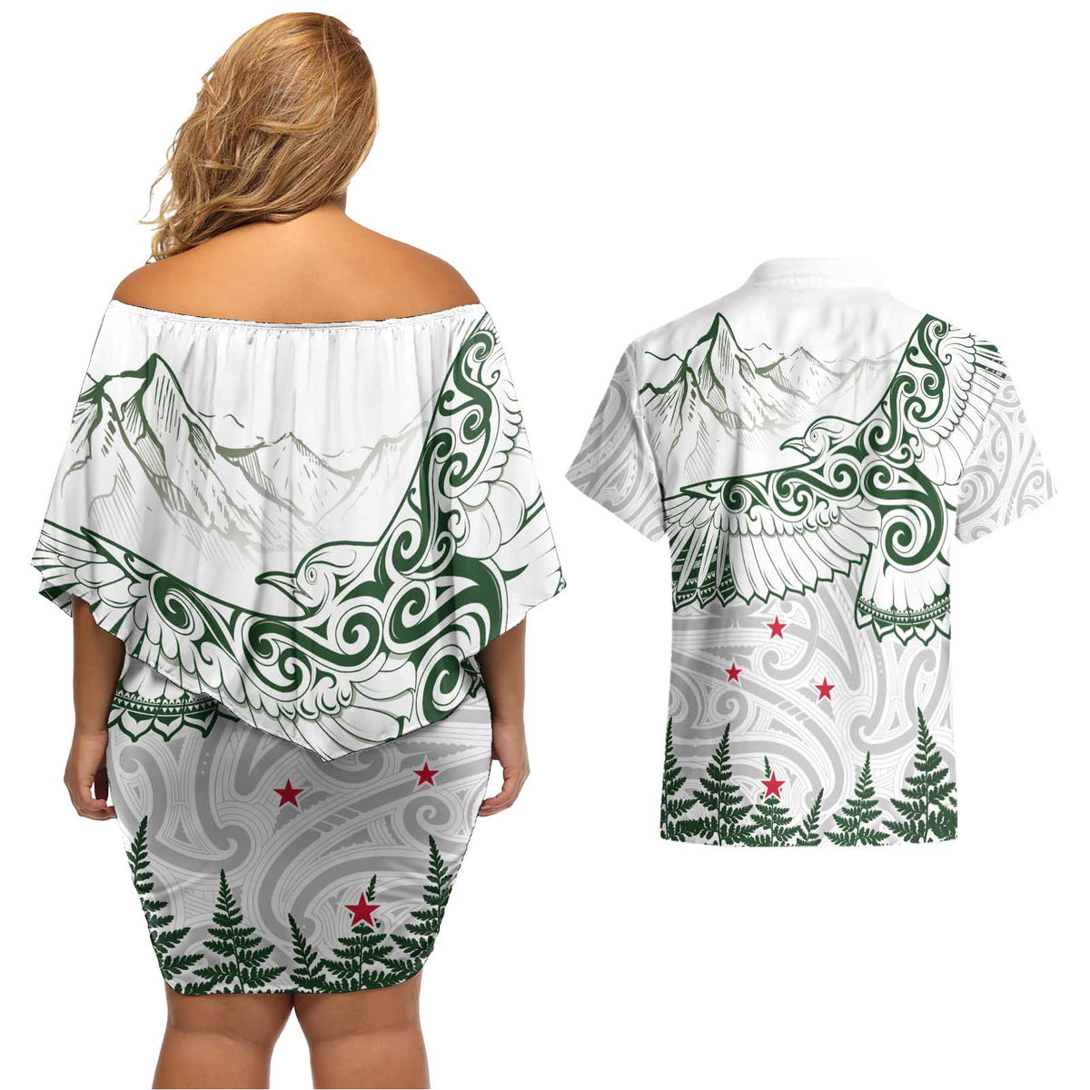 New Zealand Kea Bird Couples Matching Off Shoulder Short Dress and Hawaiian Shirt Maori Tattoo and Silver Fern Green Color LT03 - Polynesian Pride