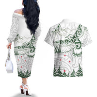 New Zealand Kea Bird Couples Matching Off The Shoulder Long Sleeve Dress and Hawaiian Shirt Maori Tattoo and Silver Fern Green Color
