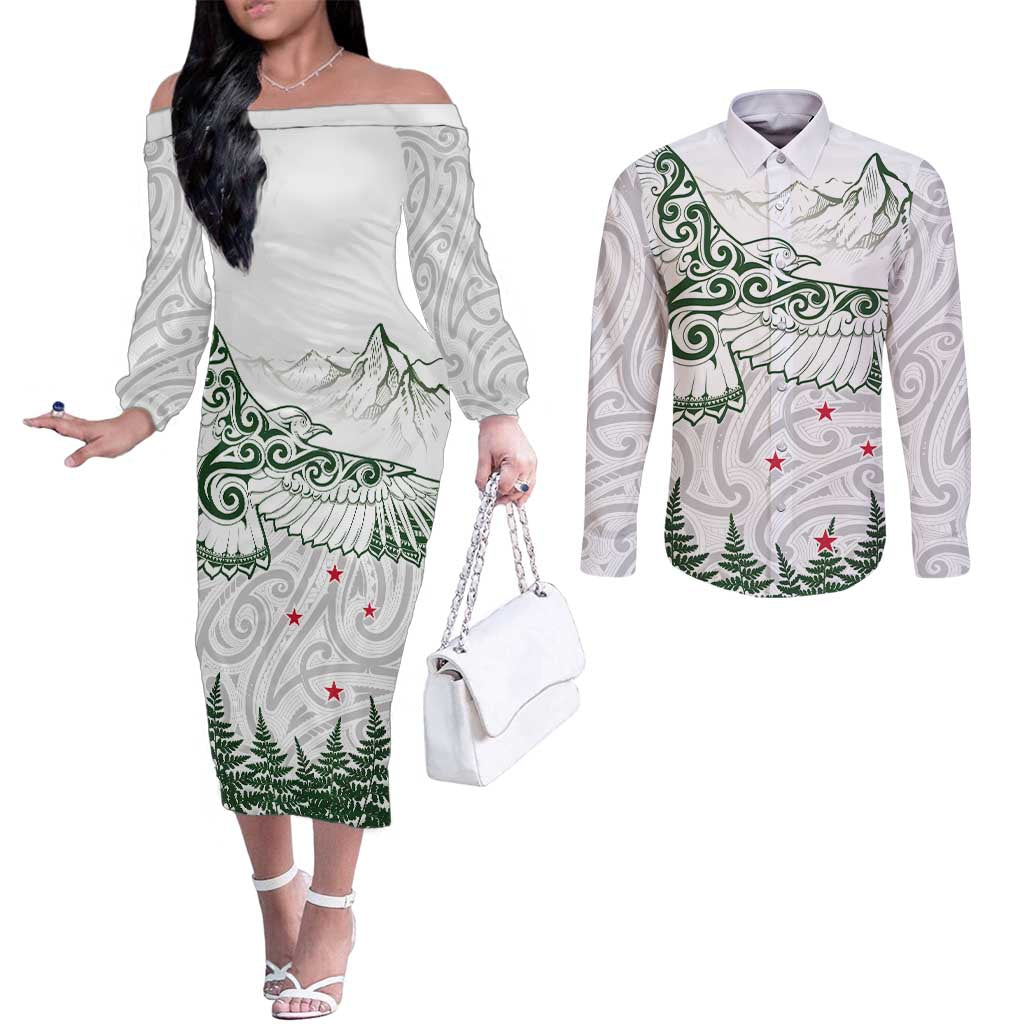 New Zealand Kea Bird Couples Matching Off The Shoulder Long Sleeve Dress and Long Sleeve Button Shirt Maori Tattoo and Silver Fern Green Color LT03 White - Polynesian Pride