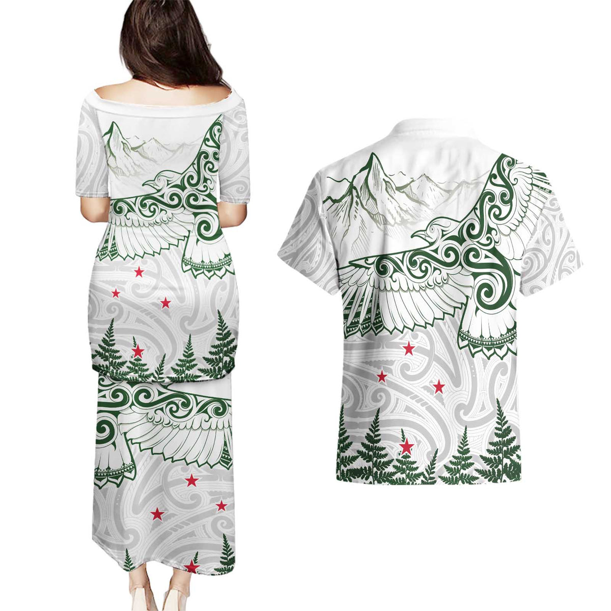 New Zealand Kea Bird Couples Matching Puletasi and Hawaiian Shirt Maori Tattoo and Silver Fern Green Color LT03 - Polynesian Pride