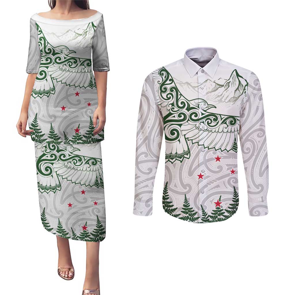 New Zealand Kea Bird Couples Matching Puletasi and Long Sleeve Button Shirt Maori Tattoo and Silver Fern Green Color LT03 White - Polynesian Pride