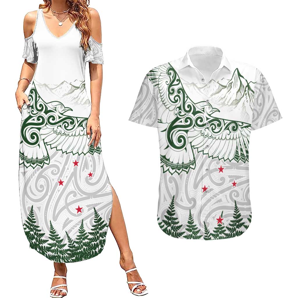 New Zealand Kea Bird Couples Matching Summer Maxi Dress and Hawaiian Shirt Maori Tattoo and Silver Fern Green Color LT03 White - Polynesian Pride