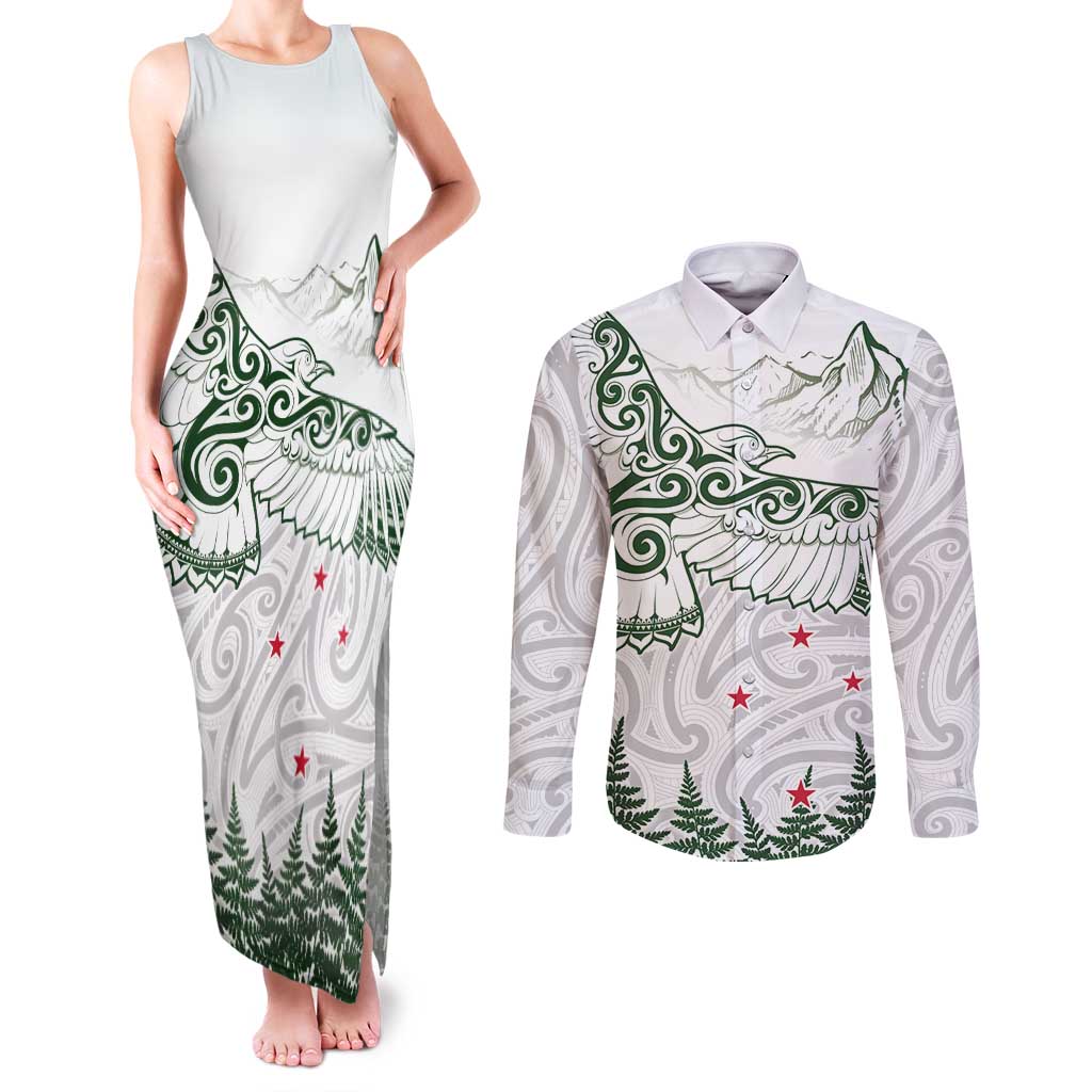 New Zealand Kea Bird Couples Matching Tank Maxi Dress and Long Sleeve Button Shirt Maori Tattoo and Silver Fern Green Color LT03 White - Polynesian Pride
