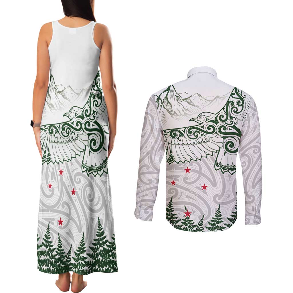 New Zealand Kea Bird Couples Matching Tank Maxi Dress and Long Sleeve Button Shirt Maori Tattoo and Silver Fern Green Color LT03 - Polynesian Pride