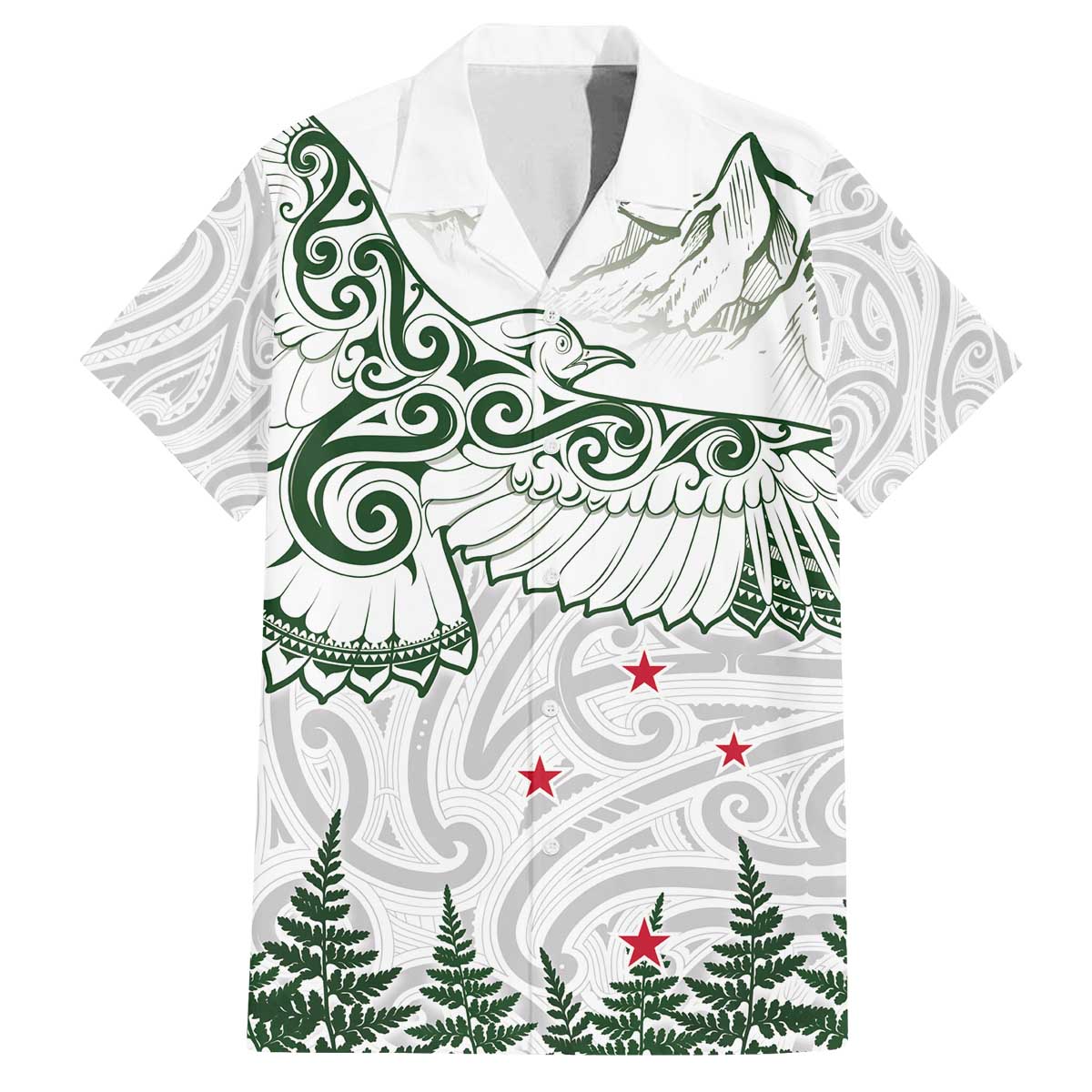 New Zealand Kea Bird Family Matching Off The Shoulder Long Sleeve Dress and Hawaiian Shirt Maori Tattoo and Silver Fern Green Color