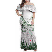 New Zealand Kea Bird Family Matching Off Shoulder Maxi Dress and Hawaiian Shirt Maori Tattoo and Silver Fern Green Color LT03 Mom's Dress White - Polynesian Pride