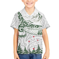 New Zealand Kea Bird Family Matching Off Shoulder Maxi Dress and Hawaiian Shirt Maori Tattoo and Silver Fern Green Color LT03 Son's Shirt White - Polynesian Pride