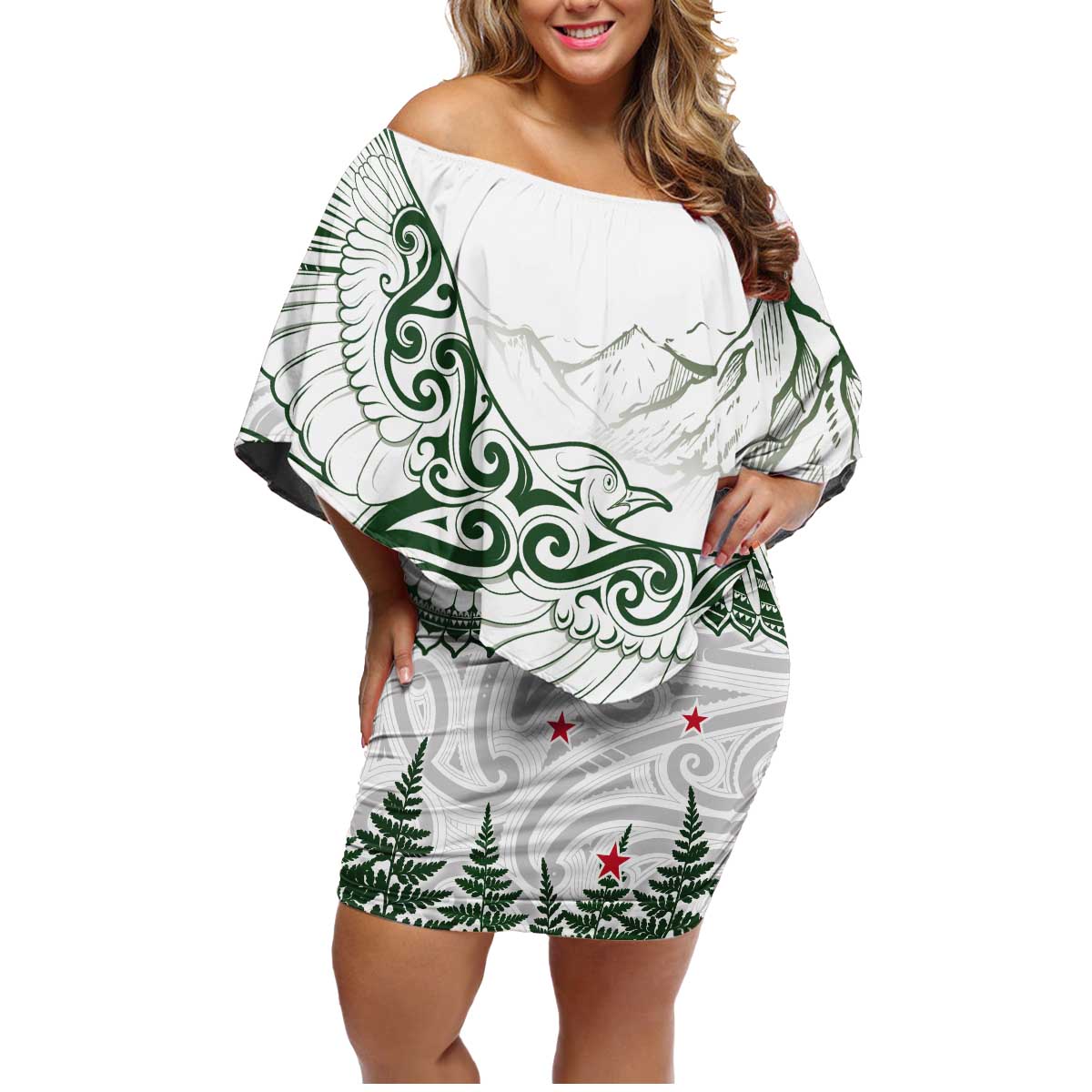New Zealand Kea Bird Family Matching Off Shoulder Short Dress and Hawaiian Shirt Maori Tattoo and Silver Fern Green Color LT03 Mom's Dress White - Polynesian Pride