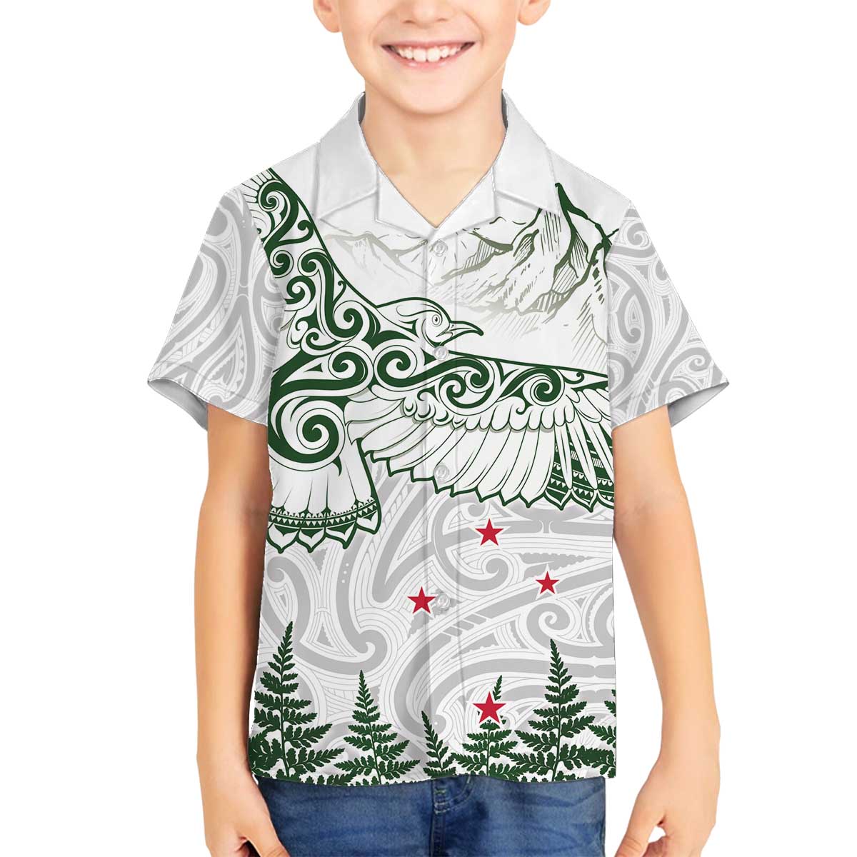 New Zealand Kea Bird Family Matching Off Shoulder Short Dress and Hawaiian Shirt Maori Tattoo and Silver Fern Green Color LT03 Son's Shirt White - Polynesian Pride